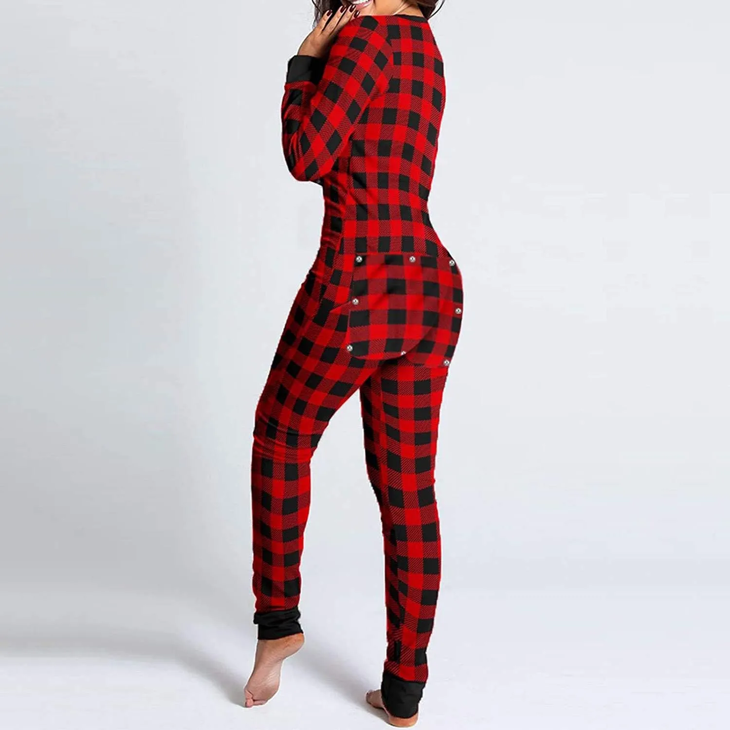 Women's Sexy Butt Button Back Flap Jumpsuit V Neck Long Sleeve Romper Bodycon Pajamas One Piece
