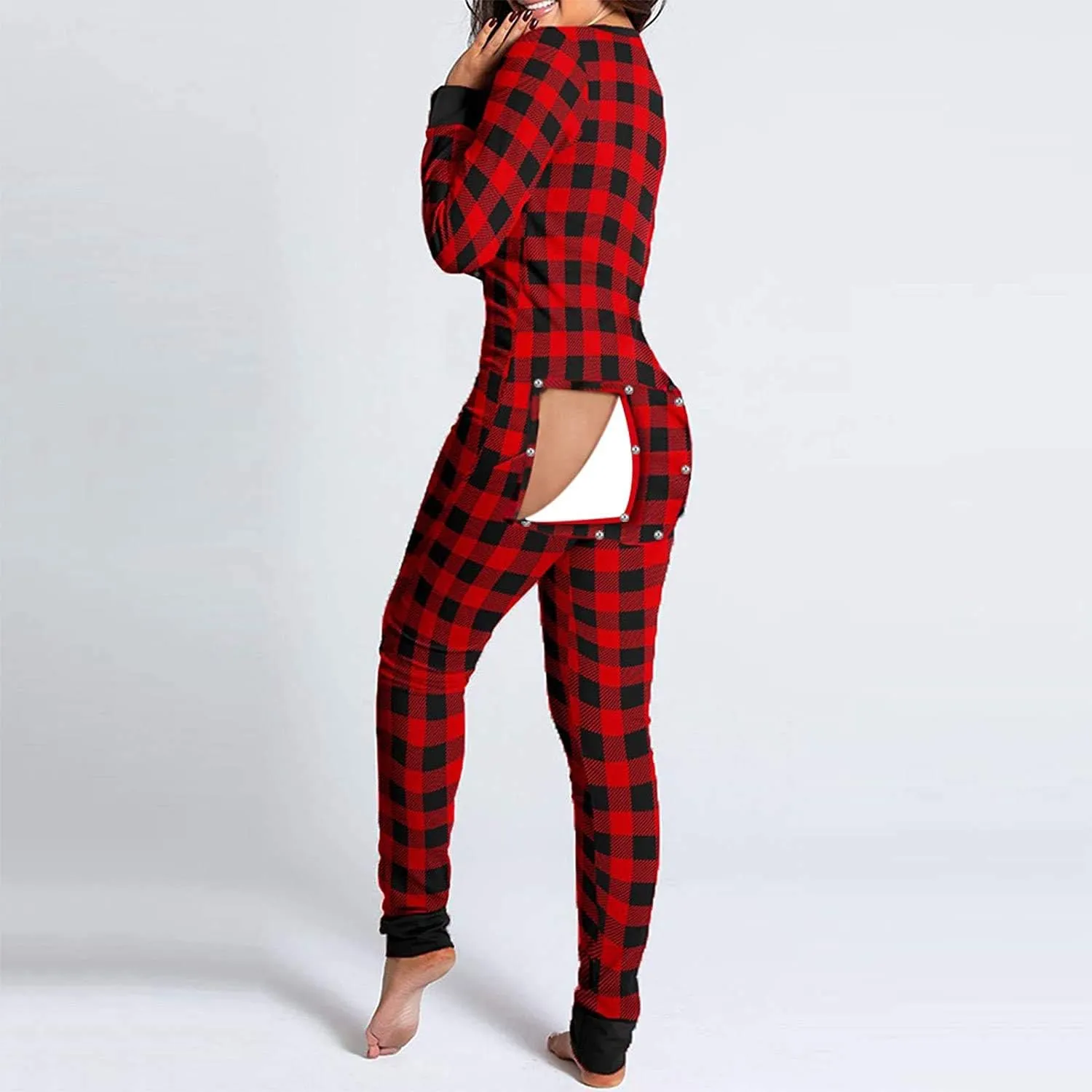 Women's Sexy Butt Button Back Flap Jumpsuit V Neck Long Sleeve Romper Bodycon Pajamas One Piece