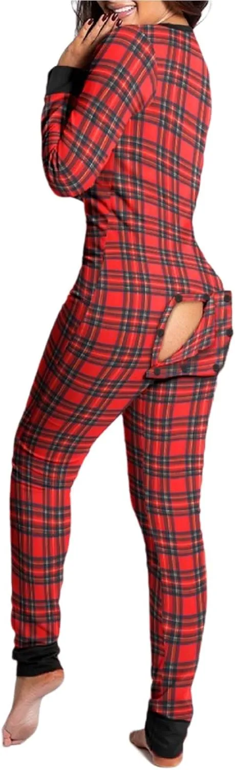 Women's Sexy Butt Button Back Flap Jumpsuit V Neck Long Sleeve Romper Bodycon Pajamas One Piece