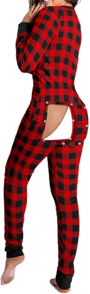 Women's Sexy Butt Button Back Flap Jumpsuit V Neck Long Sleeve Romper Bodycon Pajamas One Piece