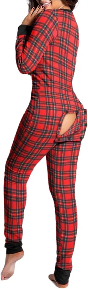 Women's Sexy Butt Button Back Flap Jumpsuit V Neck Long Sleeve Romper Bodycon Pajamas One Piece