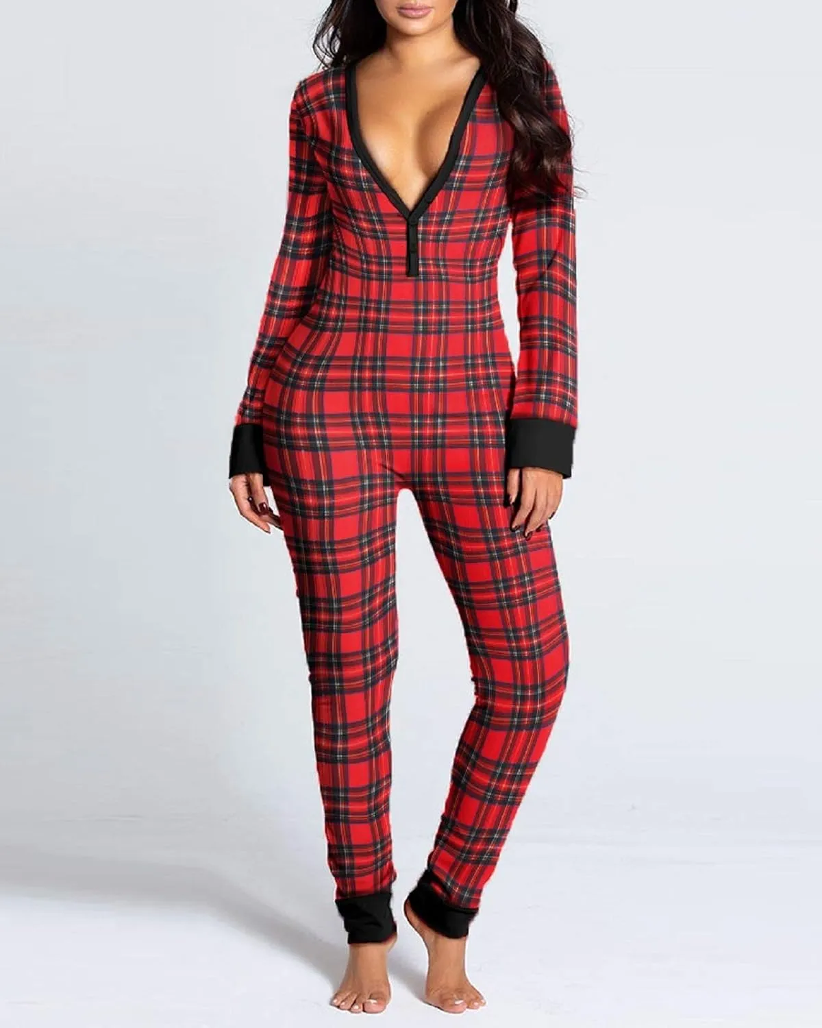 Women's Sexy Butt Button Back Flap Jumpsuit V Neck Long Sleeve Romper Bodycon Pajamas One Piece