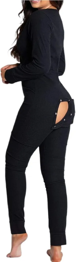 Women's Sexy Butt Button Back Flap Jumpsuit V Neck Long Sleeve Romper Bodycon Pajamas One Piece