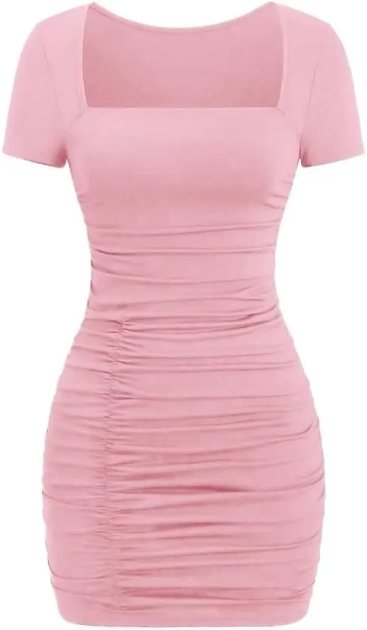 Women's Sexy Elegant Fitted Bodycon Slimming Fit Mini Dress Short Sleeve Fashion Dresses for Women