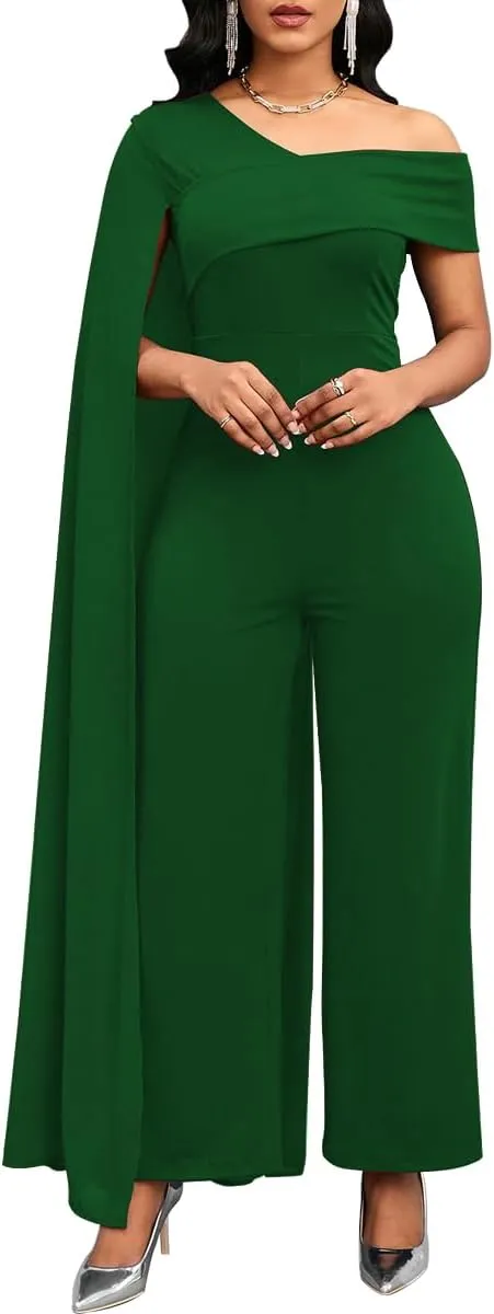 Women's Sexy One Shoulder Cloak Sleeve Jumpsuits Asymmetric Neckline Straight Long Pants Rompers with Cape