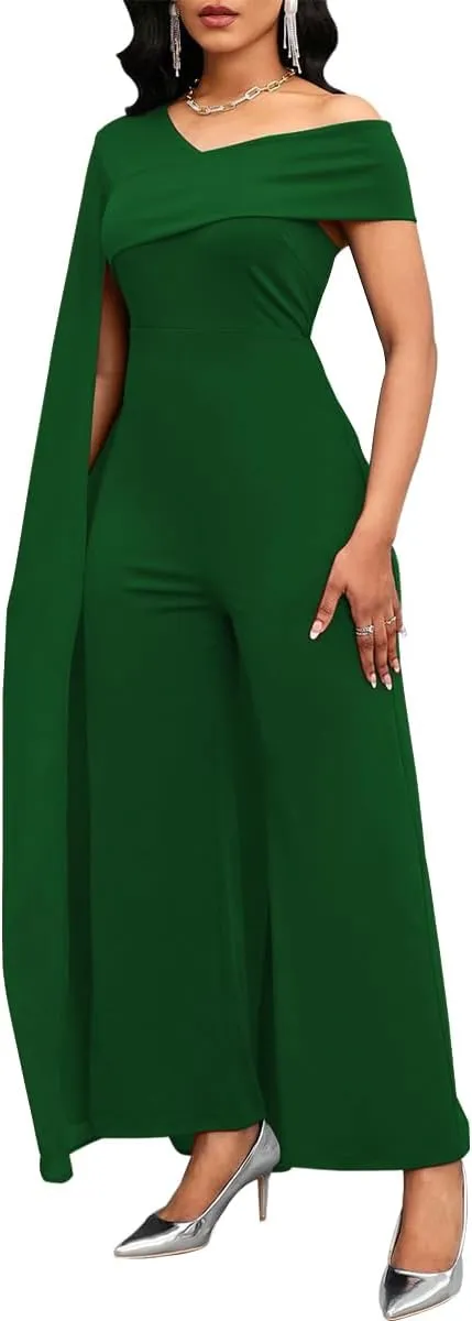 Women's Sexy One Shoulder Cloak Sleeve Jumpsuits Asymmetric Neckline Straight Long Pants Rompers with Cape