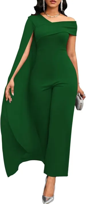 Women's Sexy One Shoulder Cloak Sleeve Jumpsuits Asymmetric Neckline Straight Long Pants Rompers with Cape