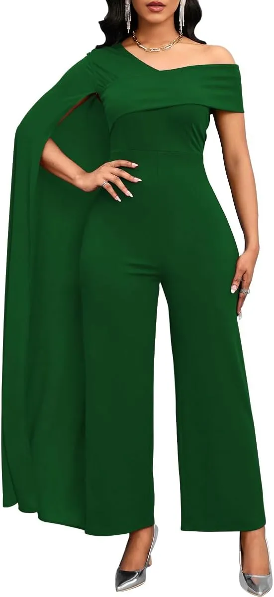 Women's Sexy One Shoulder Cloak Sleeve Jumpsuits Asymmetric Neckline Straight Long Pants Rompers with Cape