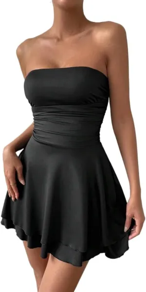 Women's Strapless Flared Hem Dress Backless Fashion Short Dresses for Women