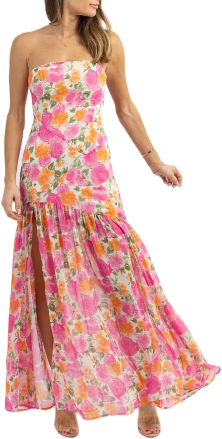 Womens Strapless Maxi Dress Slim High Slit Mesh Long Dress Sexy Party Club Night Out Dress 2024 Summer Vacation