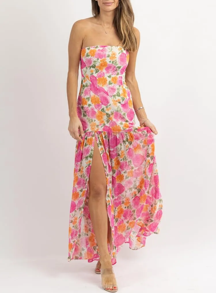 Womens Strapless Maxi Dress Slim High Slit Mesh Long Dress Sexy Party Club Night Out Dress 2024 Summer Vacation