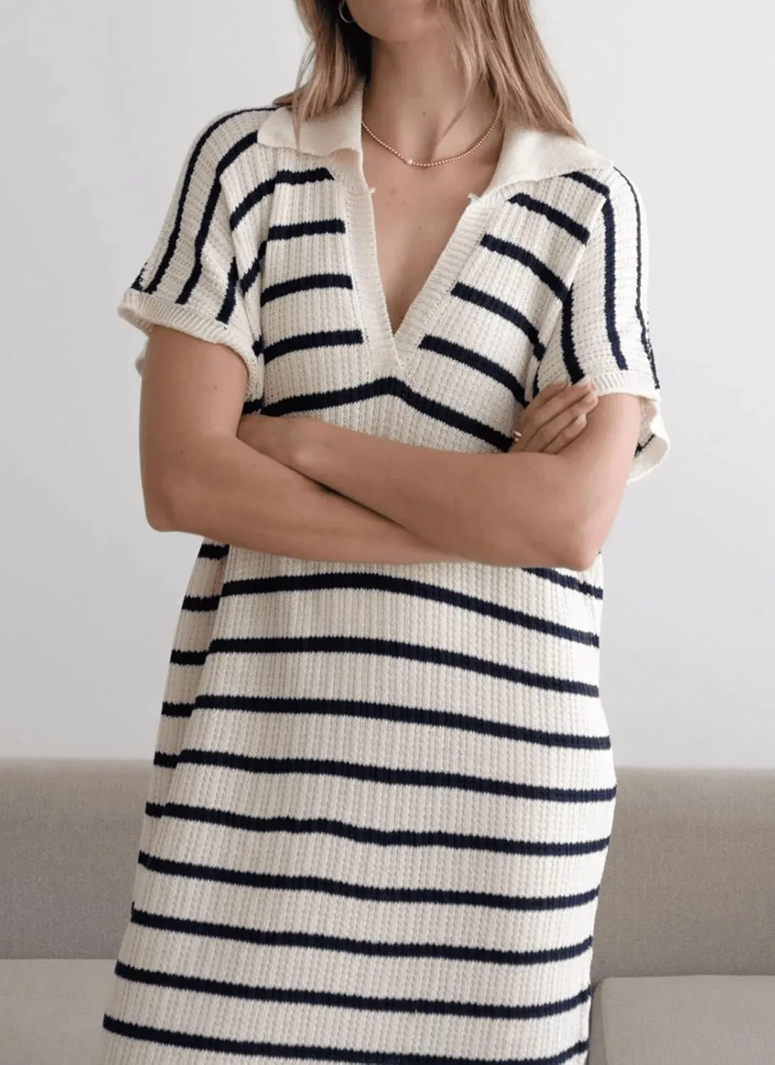 Womens Striped Dresses Short Sleeve V Neck Knit Collared Sexy Slit Loose Maxi Summer Sweater Dress Vacation