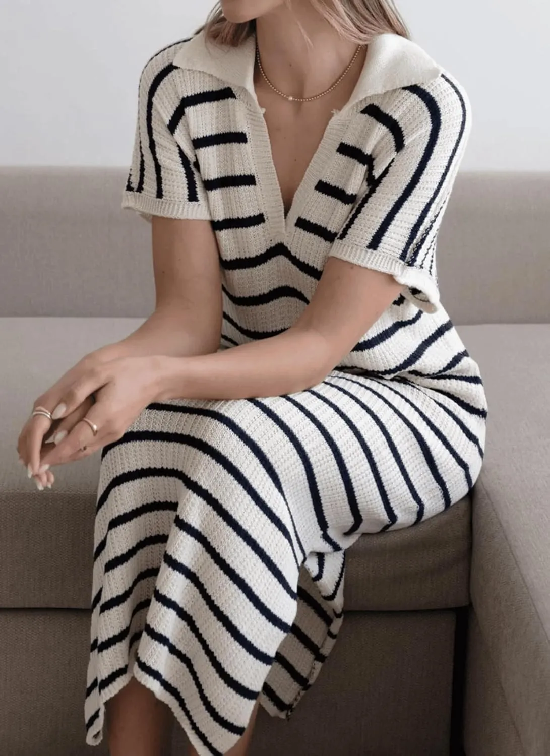 Womens Striped Dresses Short Sleeve V Neck Knit Collared Sexy Slit Loose Maxi Summer Sweater Dress Vacation