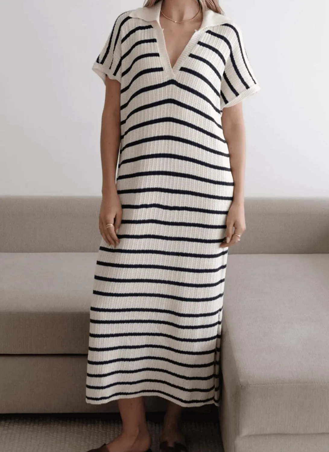 Womens Striped Dresses Short Sleeve V Neck Knit Collared Sexy Slit Loose Maxi Summer Sweater Dress Vacation