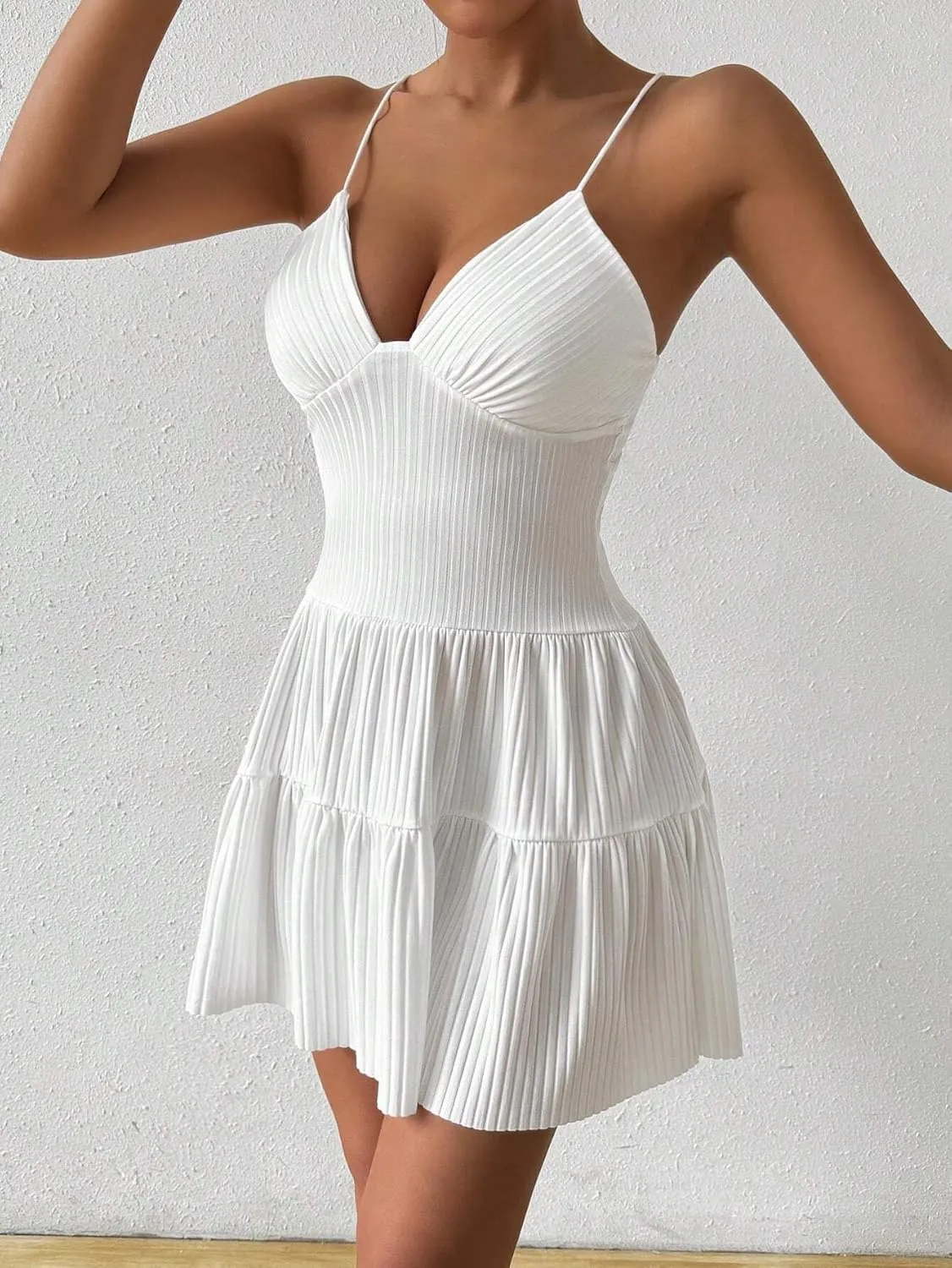 Women's Summer Casual Solid Color Ribbed Knit Spaghetti Strap Dress Backless Fashion Short Cami Dresses for Women