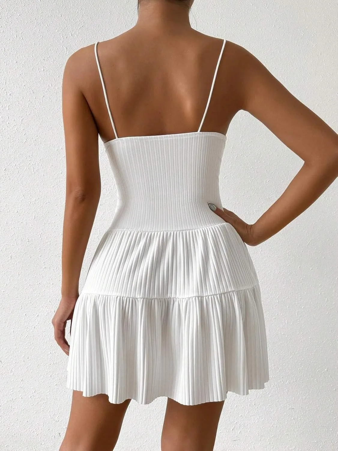 Women's Summer Casual Solid Color Ribbed Knit Spaghetti Strap Dress Backless Fashion Short Cami Dresses for Women