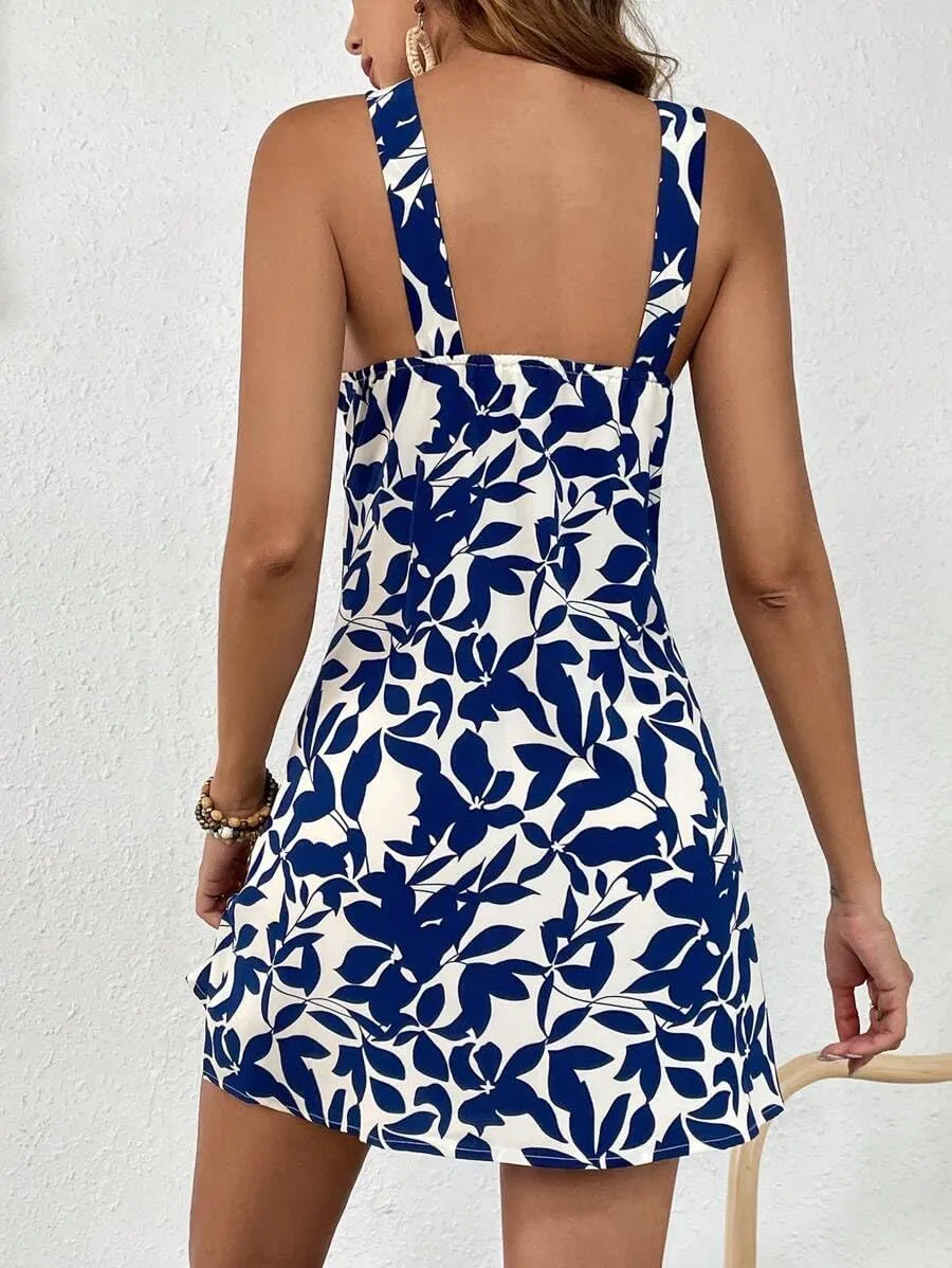 Women's Summer Dress Criss Cross Halter Dress Mini Beach Dress Tropical Leaf Printed Dress
