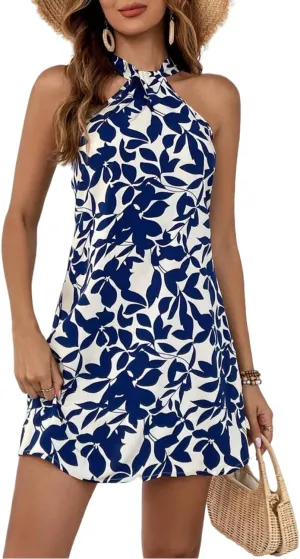 Women's Summer Dress Criss Cross Halter Dress Mini Beach Dress Tropical Leaf Printed Dress
