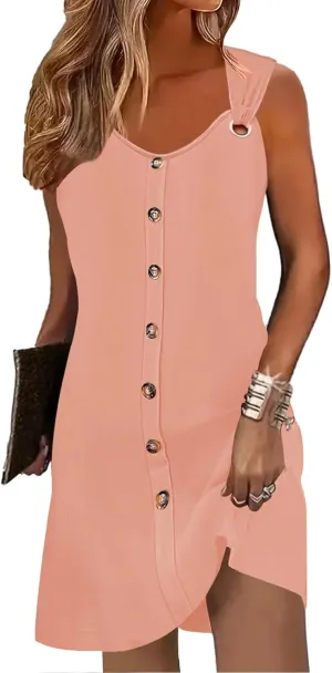 Womens Summer Dresses Scoop Neck O-Ring Shoulder Button Tank Sundress Casual Swing Short Dress