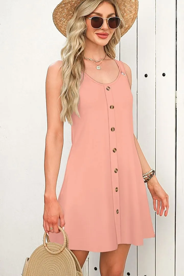 Womens Summer Dresses Scoop Neck O-Ring Shoulder Button Tank Sundress Casual Swing Short Dress