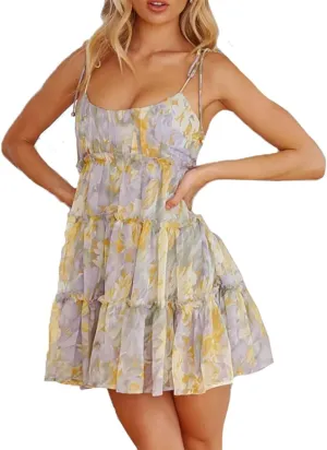 Womens Summer Floral Spaghetti Strap Mini Dress Boho Flowy Tiered Cami Dress Sleeveless Ruffle Short Sundress
