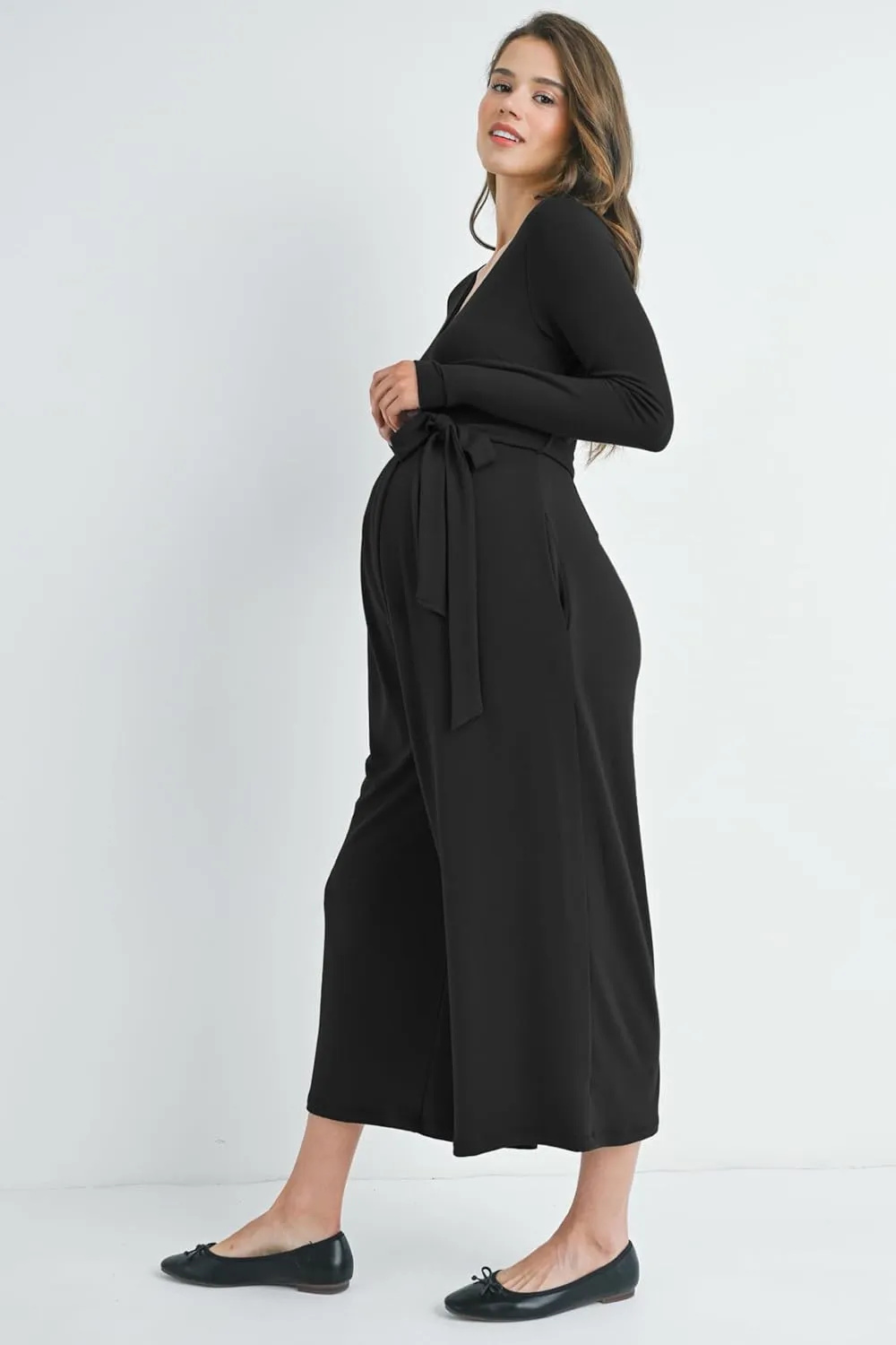 Womens V Neck Long Sleeve Maternity Jumpsuit Romper Wide Leg With Pockets