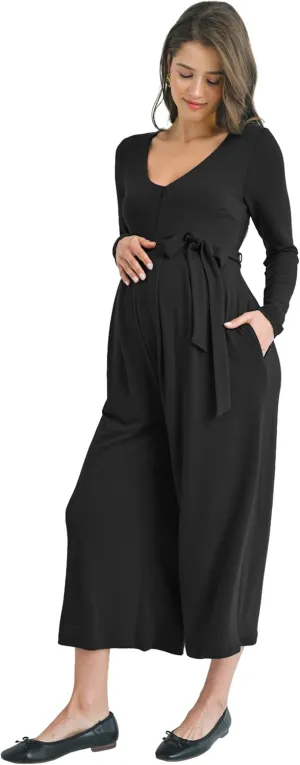 Womens V Neck Long Sleeve Maternity Jumpsuit Romper Wide Leg With Pockets