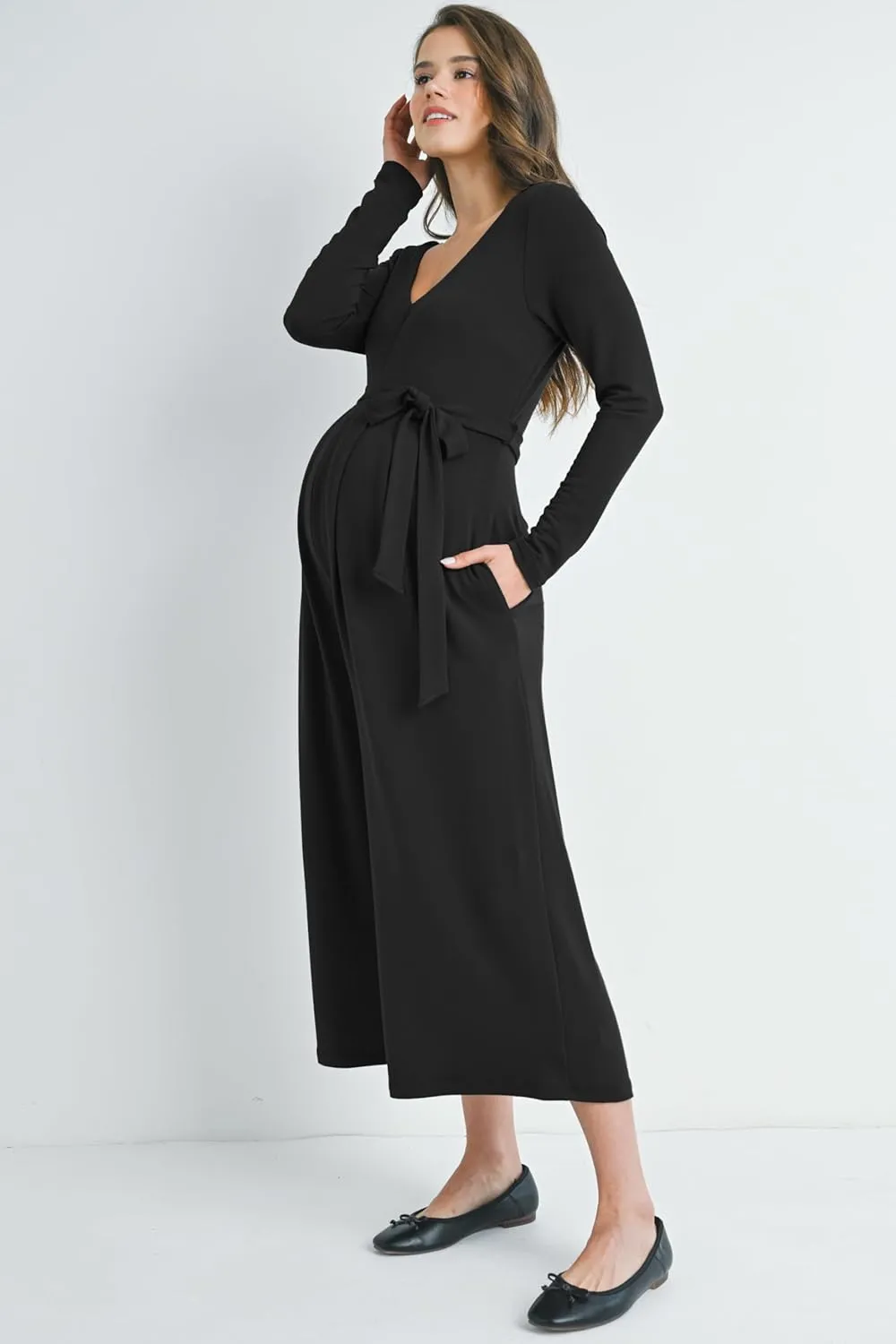 Womens V Neck Long Sleeve Maternity Jumpsuit Romper Wide Leg With Pockets