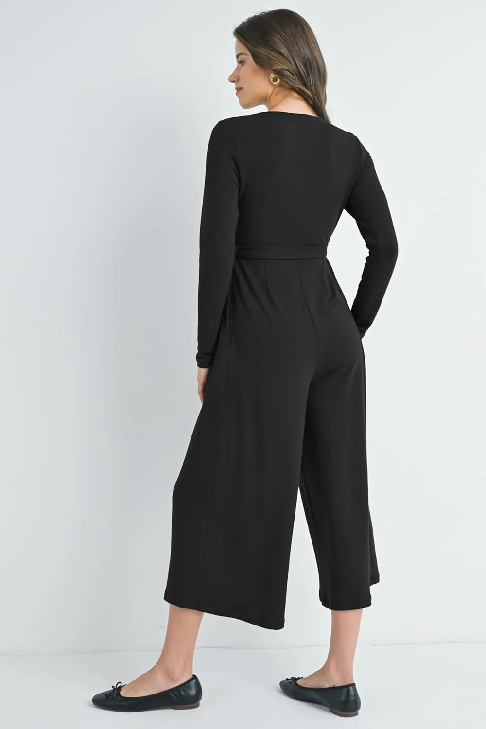 Womens V Neck Long Sleeve Maternity Jumpsuit Romper Wide Leg With Pockets