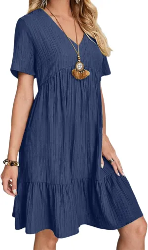 Women's V Neck Short Sleeve Ruffle Hem Mini Dress 2025 Summer Elegant Soft Boho Flowy A-Line Solid Chiffon Tunic Dresses