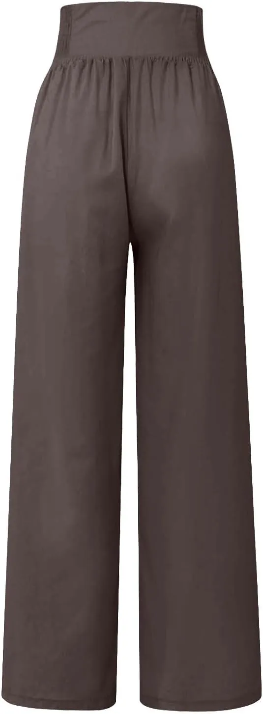 Women's Wide Leg Pants High Waist Linen Trousers Solid Elastic Waist Slim Fit Pants with Pockets Loose Lounge Pants