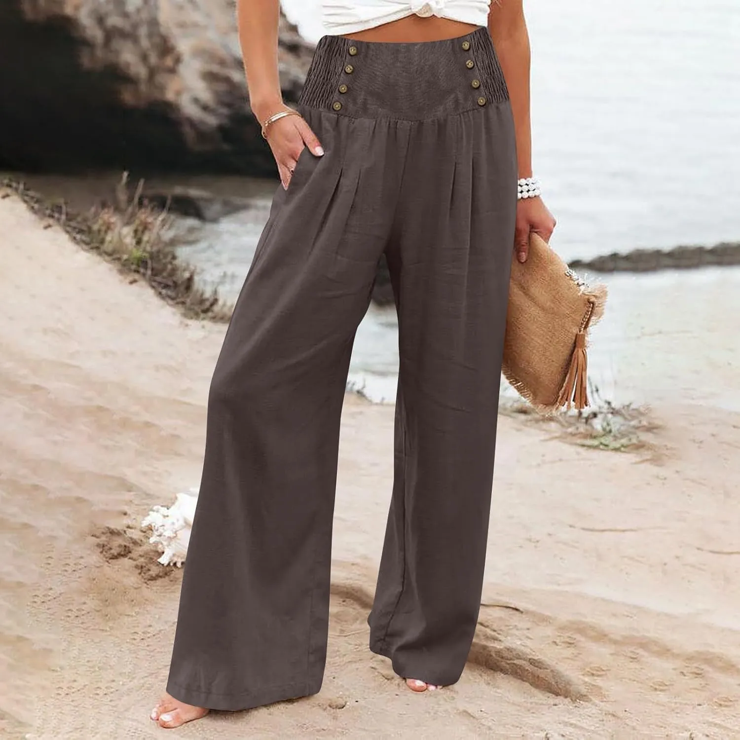 Women's Wide Leg Pants High Waist Linen Trousers Solid Elastic Waist Slim Fit Pants with Pockets Loose Lounge Pants