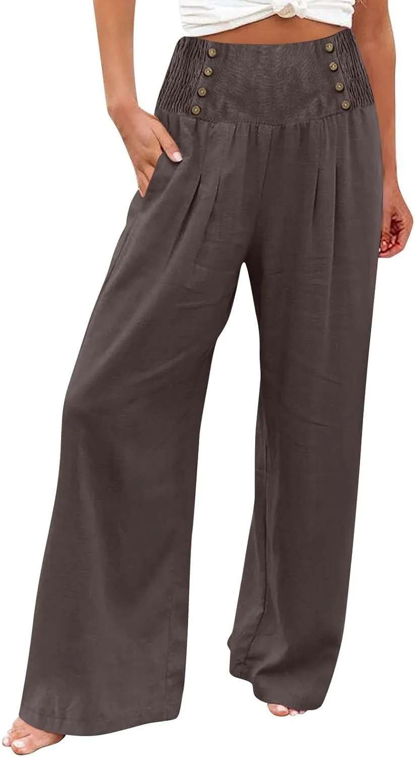 Women's Wide Leg Pants High Waist Linen Trousers Solid Elastic Waist Slim Fit Pants with Pockets Loose Lounge Pants