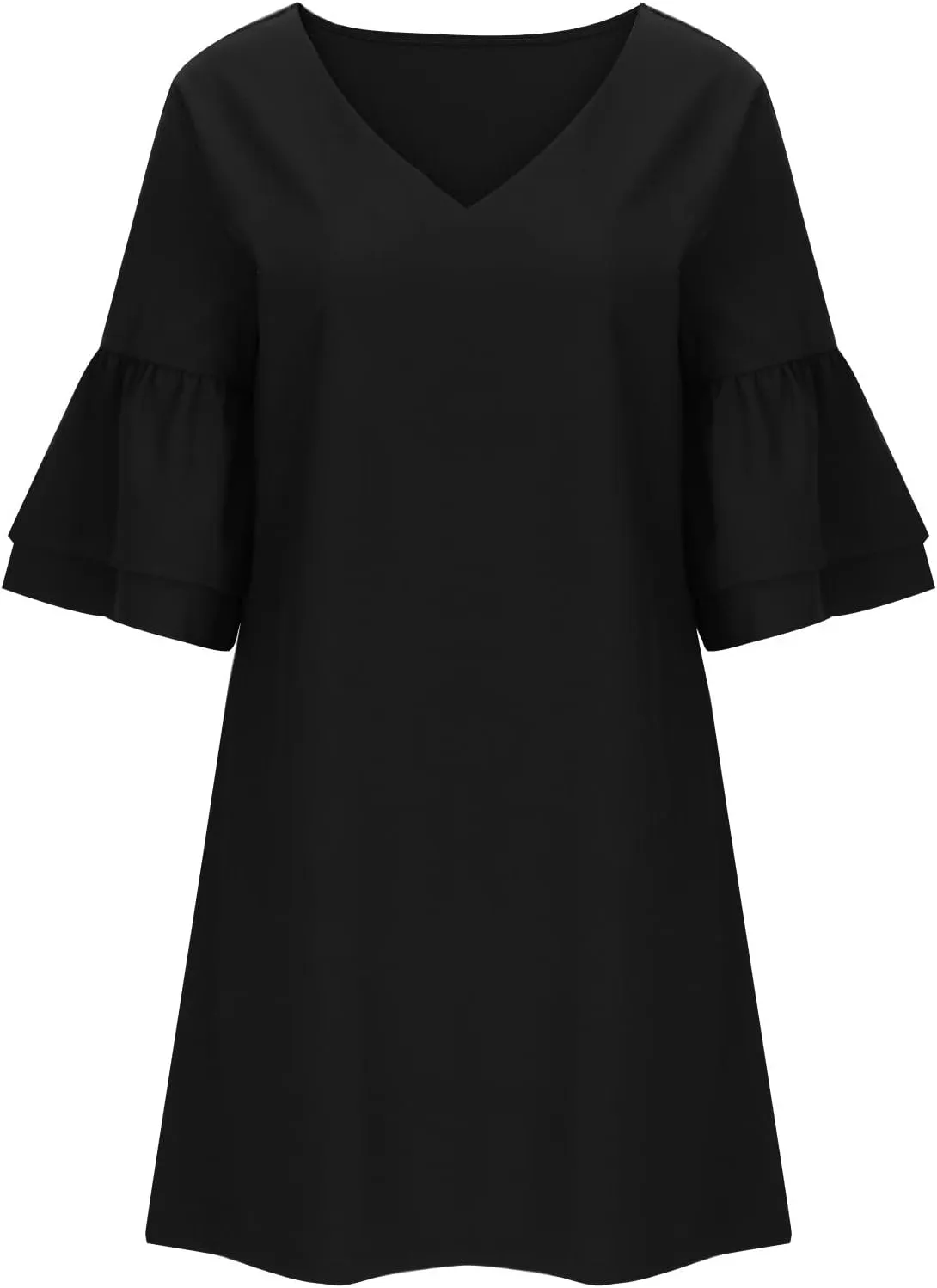 XUNRYAN Women's Summer 2023 Casual V Neck Tiered Ruffle Babydoll Dress Short Sleeve A-Line Flowy Mini Tunic Beach Dress
