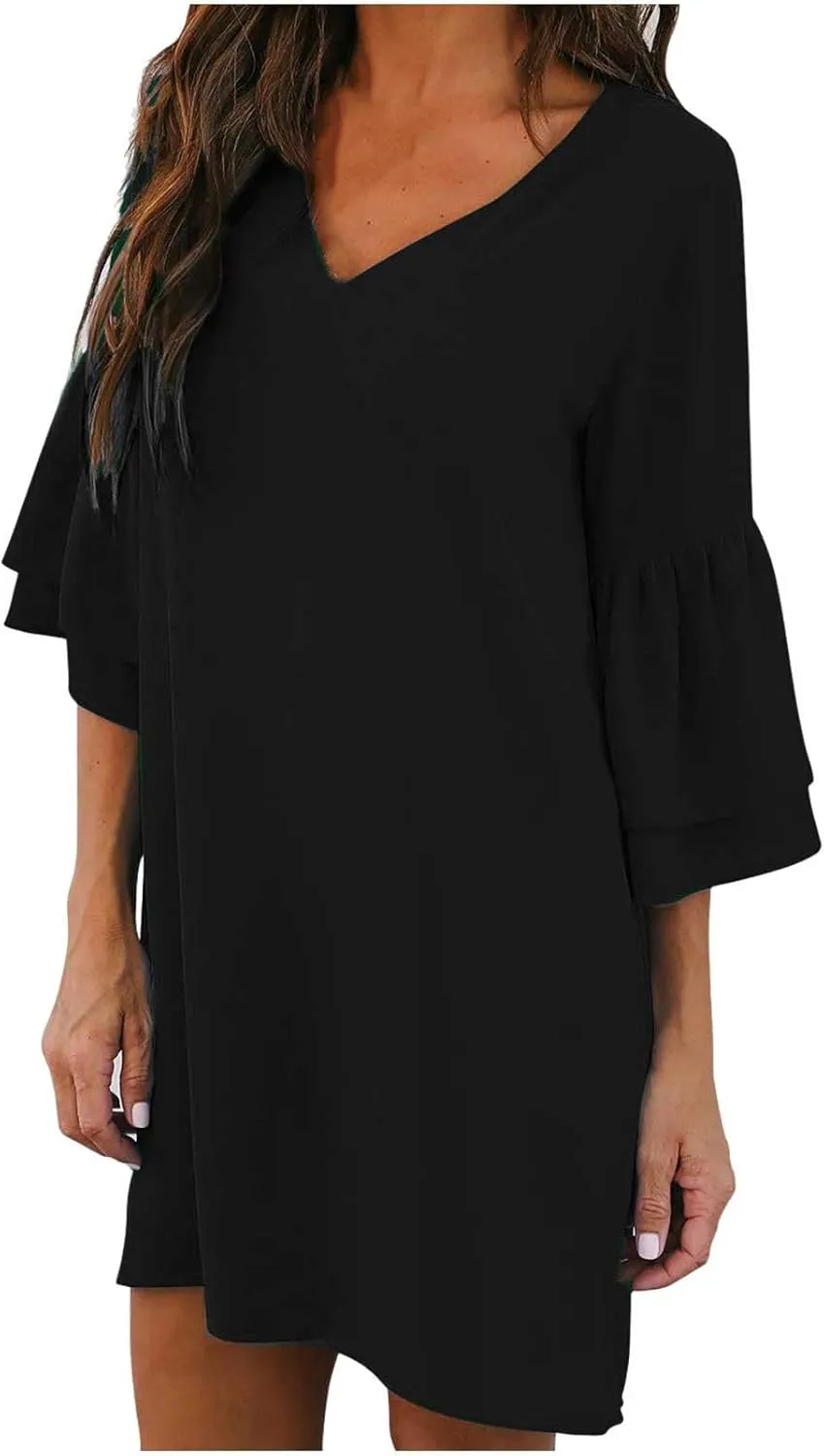 XUNRYAN Women's Summer 2023 Casual V Neck Tiered Ruffle Babydoll Dress Short Sleeve A-Line Flowy Mini Tunic Beach Dress