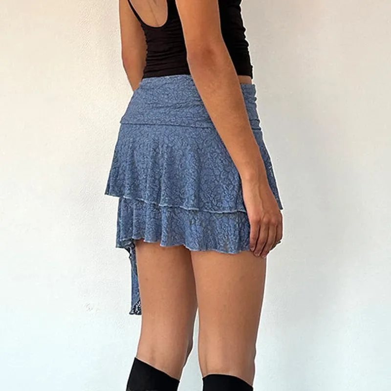 Y2k Ruffle Mini Skirt for Women Lace Hem Low Rise Pleated Short Skirt Fairy A-line Tiered Flowy Skirt Streetwear
