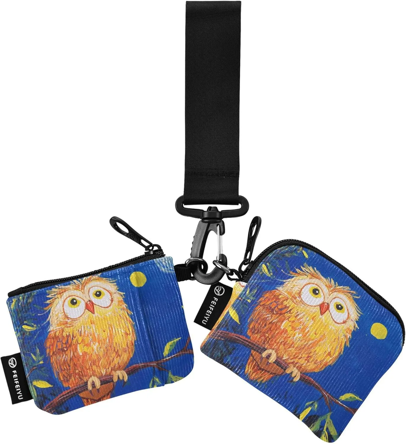 Yellow Owl Dual Coin Purse Credit Card Holder Wallet Large Capacity Wristlet Wallet Key Holder with Keychain for Men Women 2 Pcs