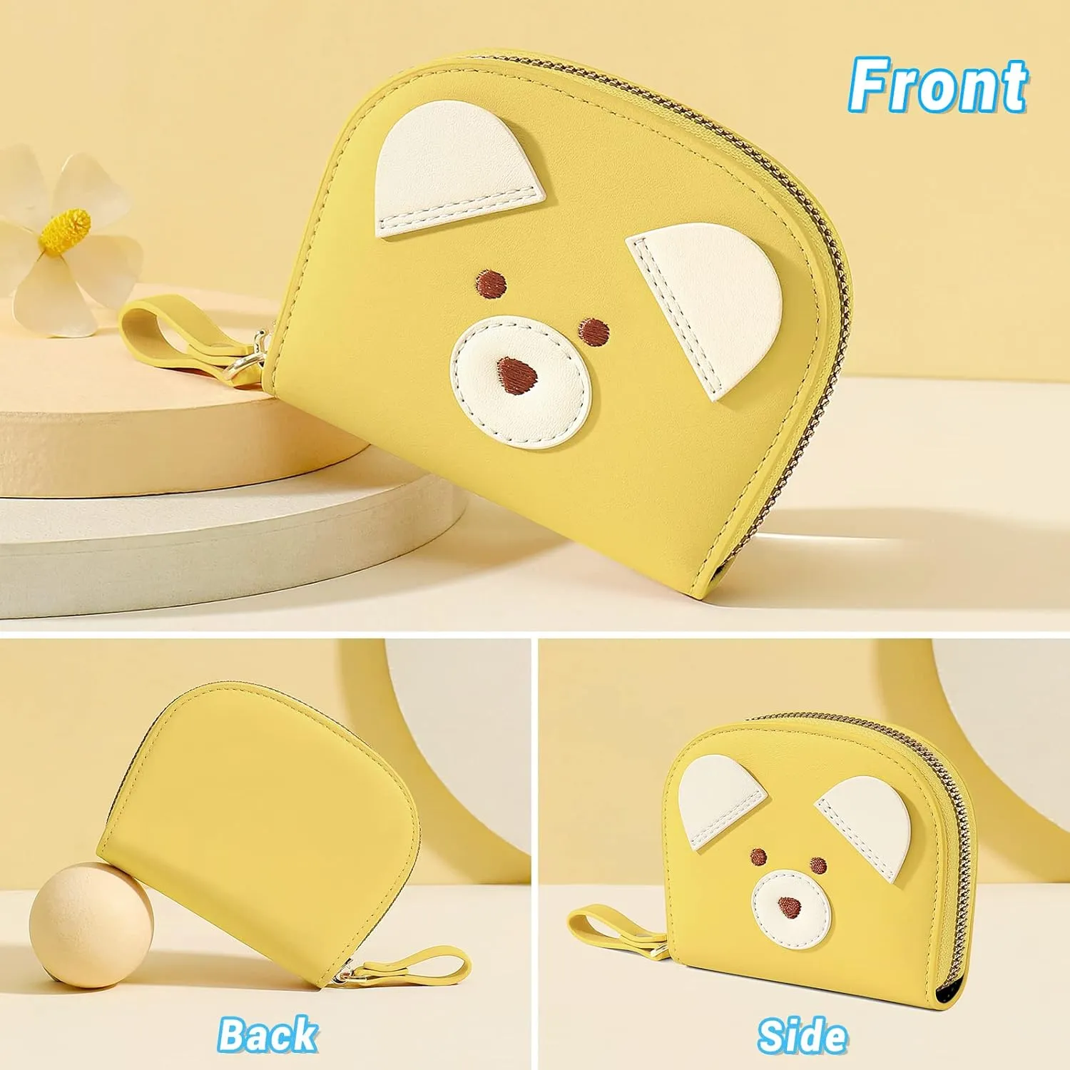 YINHEXI Cute Leather Card Holder Wallet for Women, RFID Small Zipper Wallet with Keychain Wristlet, Business Card Holder (Yellow)