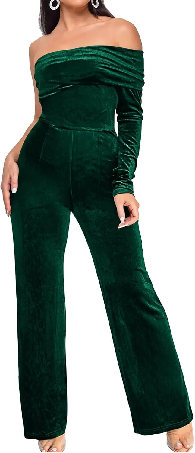 YMDUCH Women's Sexy Long Sleeve One Shoulder Long Pant Romper Wide Leg Jumpsuits