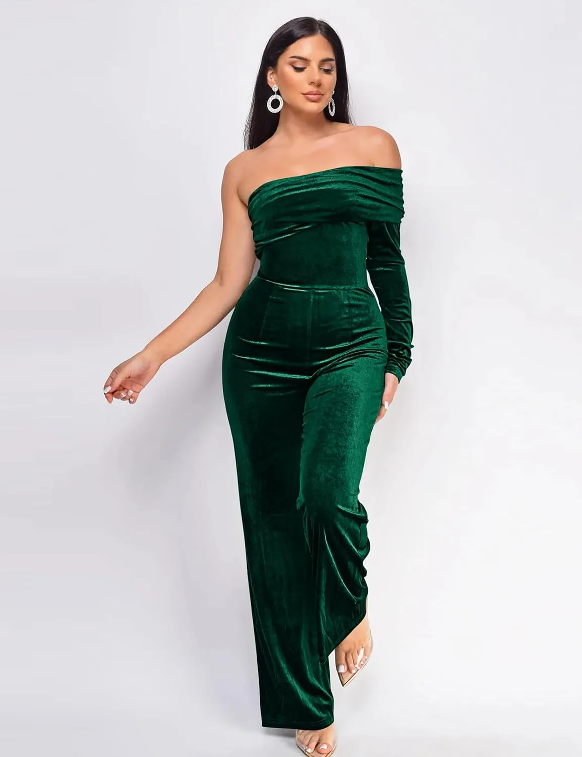 YMDUCH Women's Sexy Long Sleeve One Shoulder Long Pant Romper Wide Leg Jumpsuits