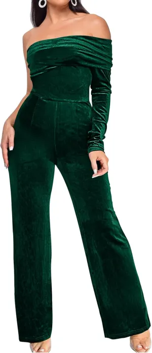 YMDUCH Women's Sexy Long Sleeve One Shoulder Long Pant Romper Wide Leg Jumpsuits