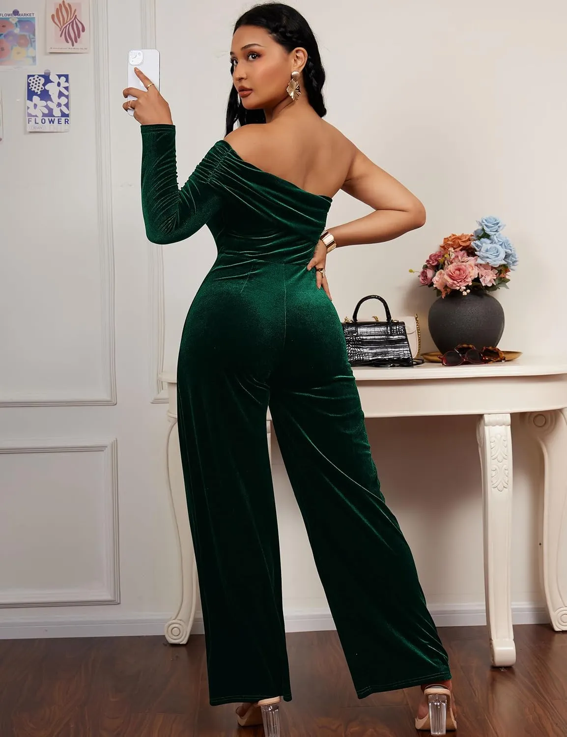 YMDUCH Women's Sexy Long Sleeve One Shoulder Long Pant Romper Wide Leg Jumpsuits