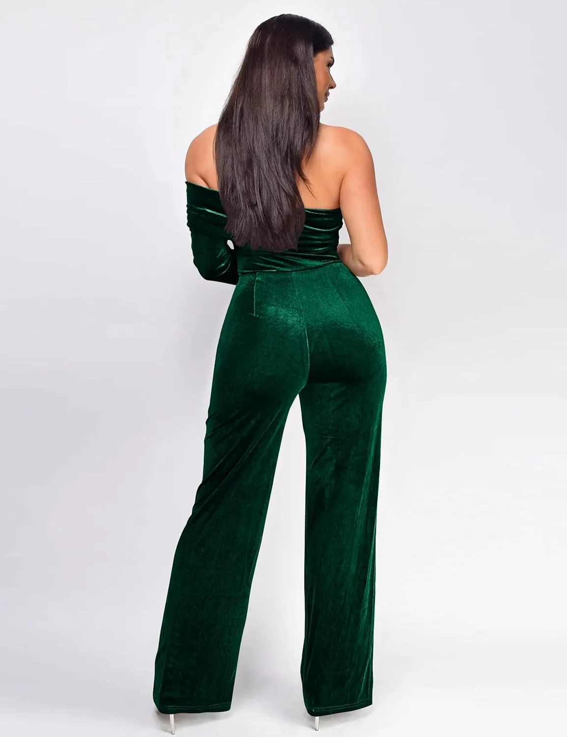 YMDUCH Women's Sexy Long Sleeve One Shoulder Long Pant Romper Wide Leg Jumpsuits