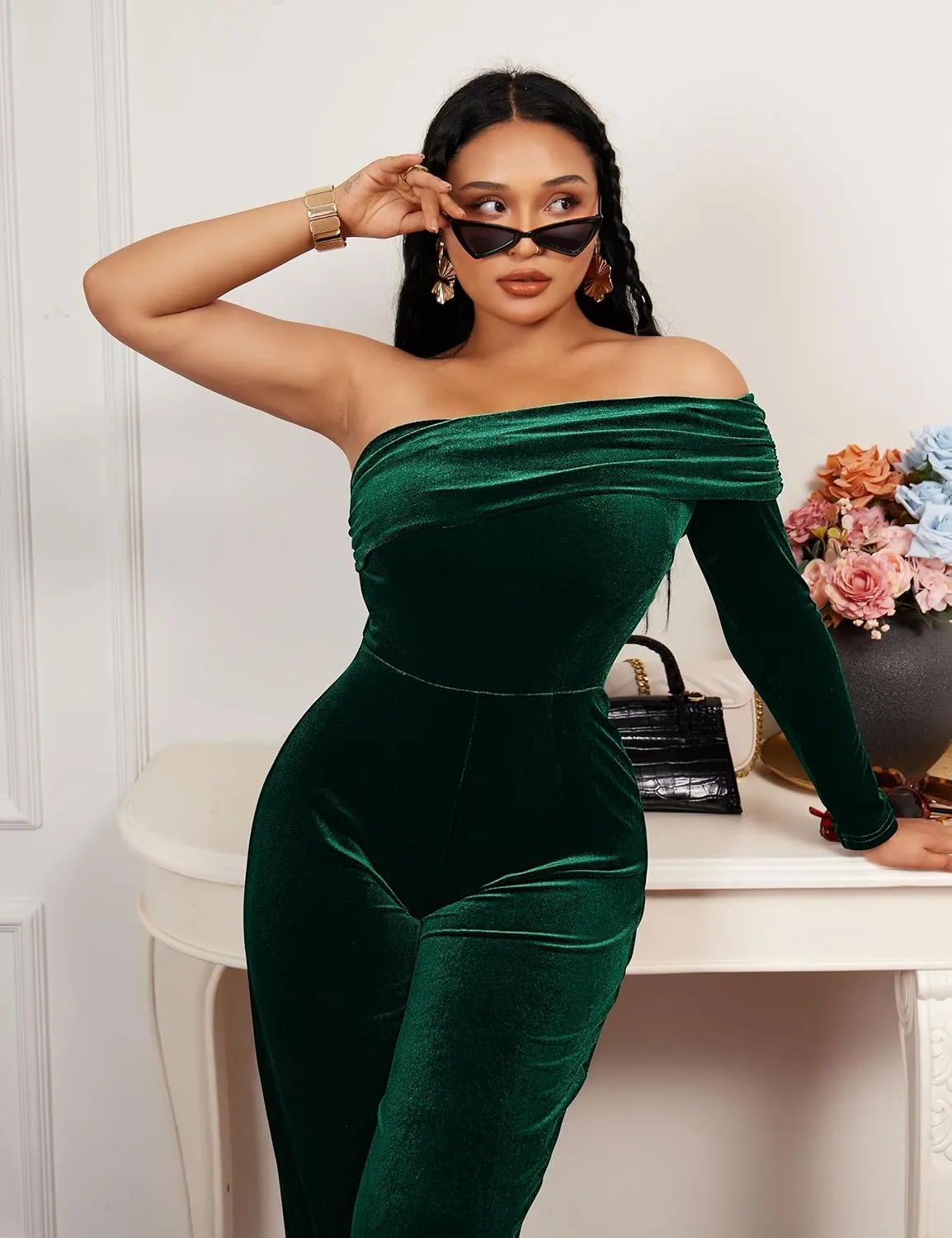 YMDUCH Women's Sexy Long Sleeve One Shoulder Long Pant Romper Wide Leg Jumpsuits