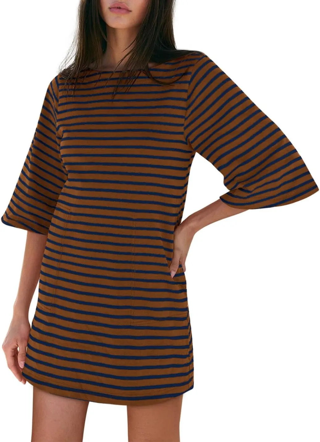 Yousify Womens T Shirt Dress Cotton Summer Dresses 2025 Casual Loose Short Sleeve Striped Mini Dress with Pockets