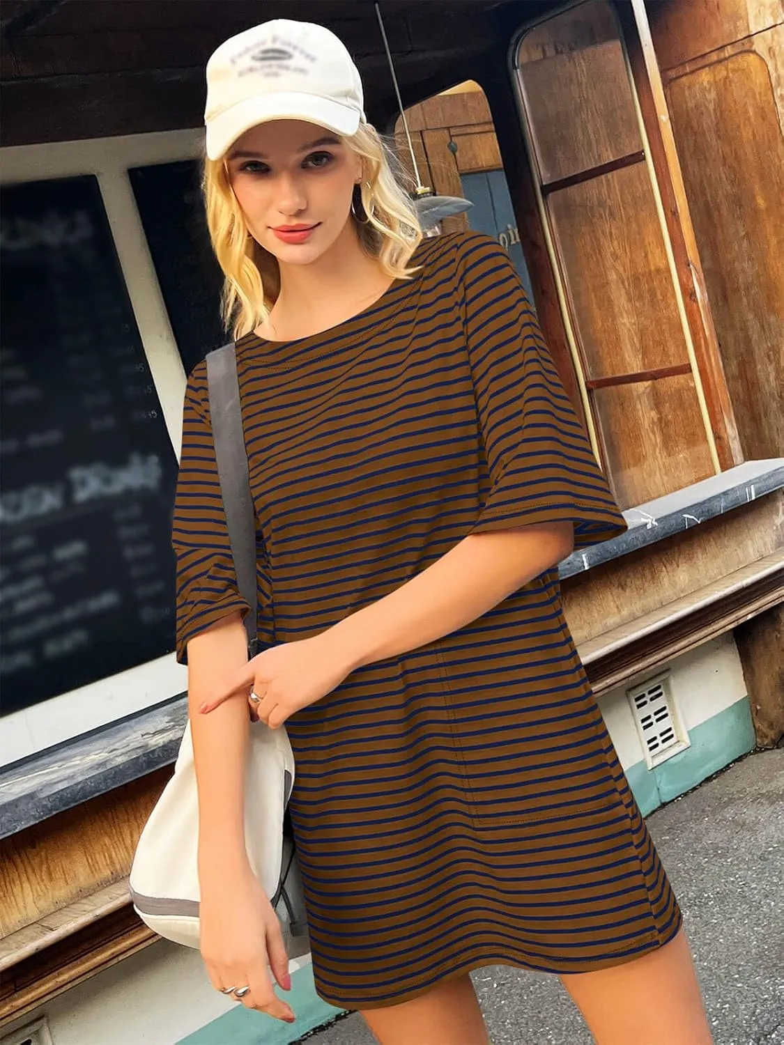 Yousify Womens T Shirt Dress Cotton Summer Dresses 2025 Casual Loose Short Sleeve Striped Mini Dress with Pockets