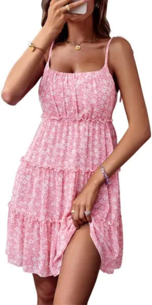 YOXUA Women's Spaghetti Strap Summer Ruched Bust Mini Dress, Ruffle Square Neck Cami Bodycon Floral Printed Smocked Dresses