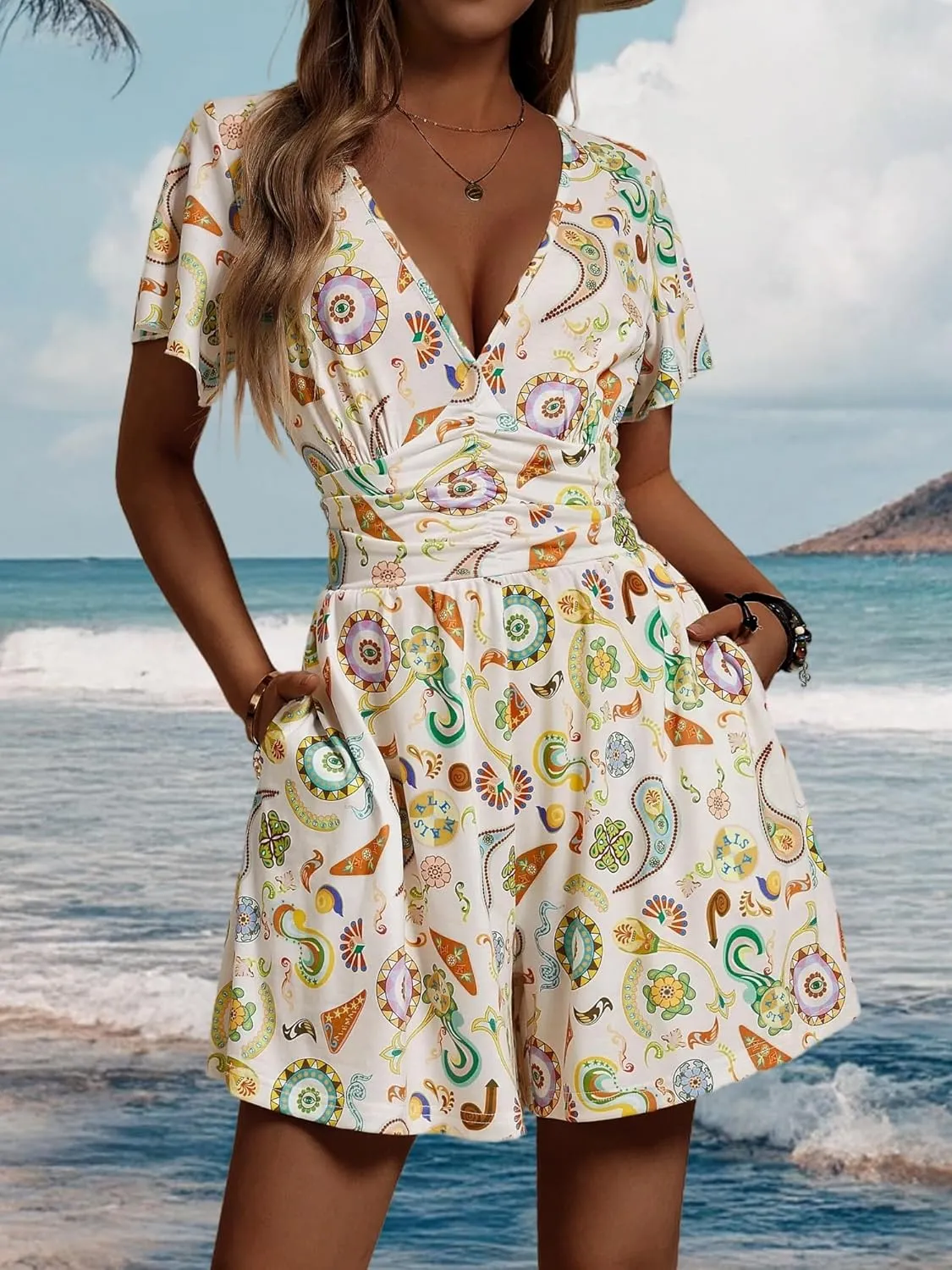 ZABERRY Women's Back Lace Up Floral Rompers with Pockets Short Ruffle Sleeve Summer Jumpsuits Wide leg Outfit