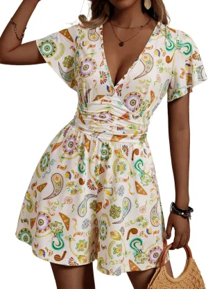 ZABERRY Women's Back Lace Up Floral Rompers with Pockets Short Ruffle Sleeve Summer Jumpsuits Wide leg Outfit