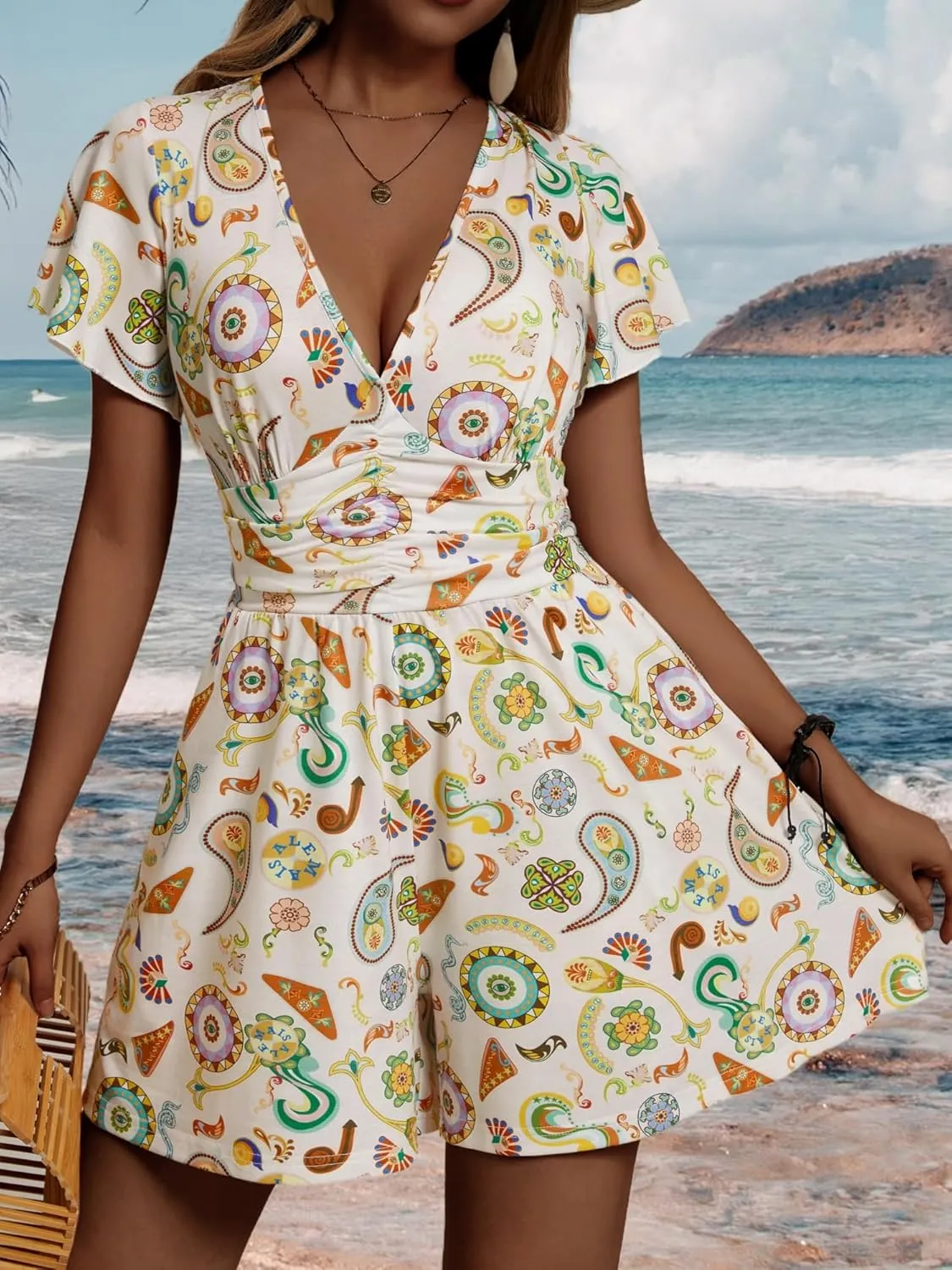 ZABERRY Women's Back Lace Up Floral Rompers with Pockets Short Ruffle Sleeve Summer Jumpsuits Wide leg Outfit